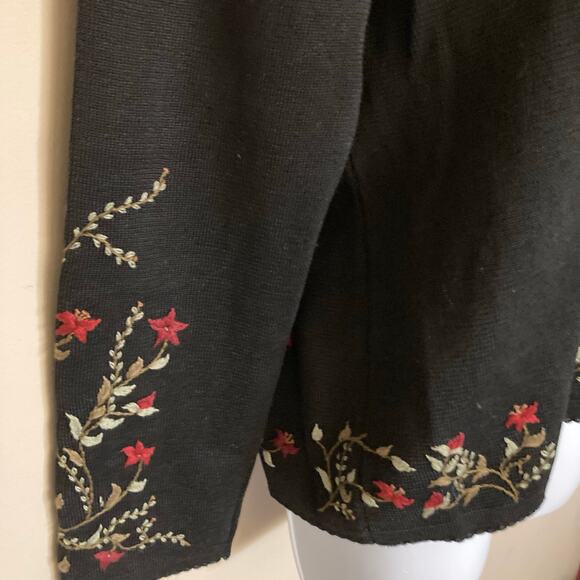 Peruvian Connection Black Floral Trim Pima Cotton Sweater Cardigan Size Large - Picture 16 of 16